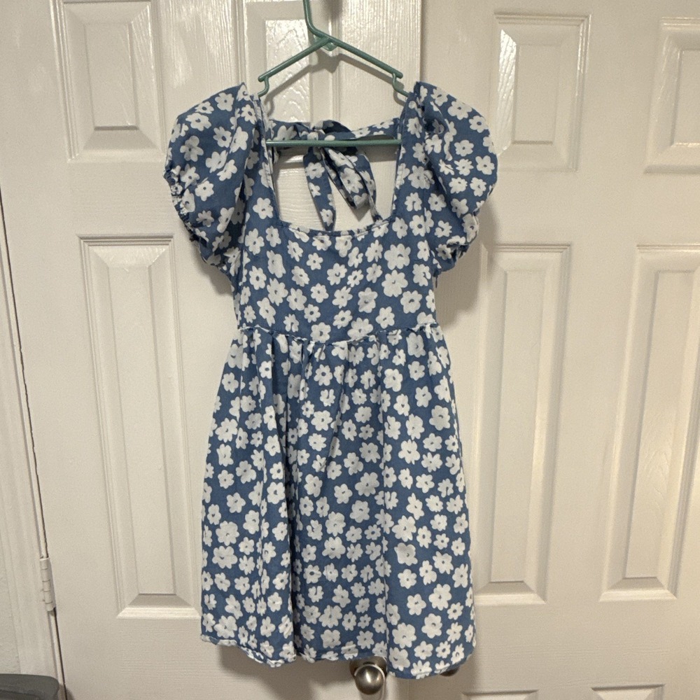 Reformation Women's Blue/White Floral Square Neck Puff Sleeve Open Back Dress S